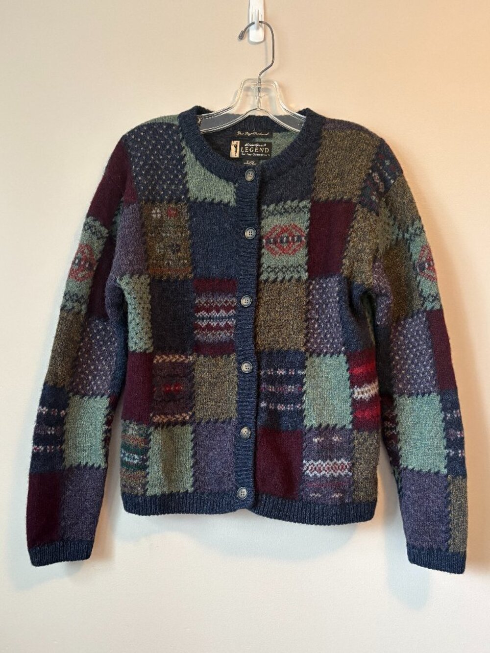 Vintage 90s Eddie Bauer Legend Deer Bay Patchwork Wool Cardigan Sweater Small S